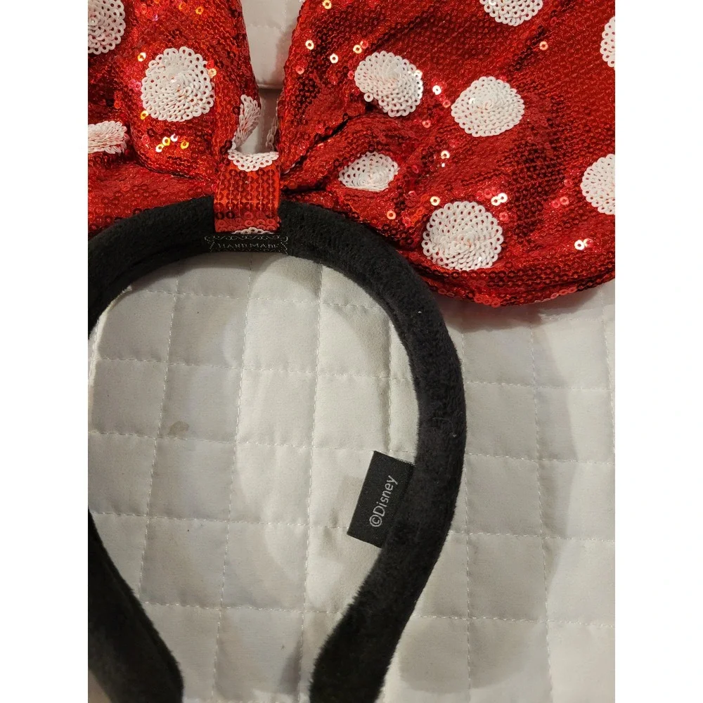 Disney Handmade Shimmering Minnie Mouse Red White Polka Dot Sequin Bow Headband